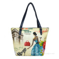 Printed Ladies Leather Handle Canvas Shoulder Bag